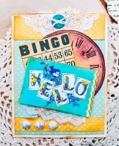 Handmade Vintage Retro HELLO Shabby Chic Bluebirds & Bingo Ephemera Friend Card - Picture 1 of 2