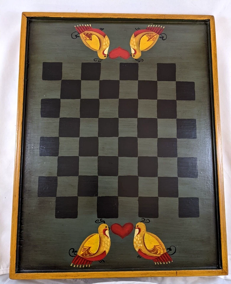 Vintage Folk Art Game Board Checkerboard w/ Love Doves - Image 1 of 4