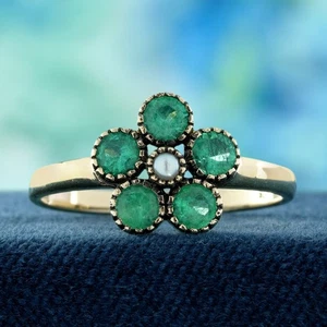 9K Yellow Gold Pearl and Emerald Vintage Style Floral Cluster Ring - Picture 1 of 9