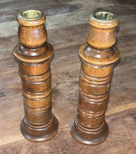 VTG Pair Wooden Taper Candlestick Candle Holders Ribbed Boho MCM Retro Decor 8” - Picture 1 of 4