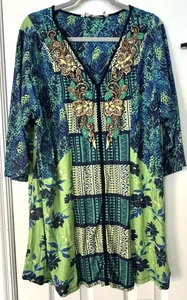 Túnica Soft Surroundings Mujer Talla 1X (18/20) Verde Multi Bordada Cuentas - Imagen 1 de 5
