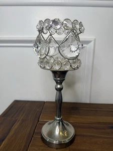 Cut Crystal Glass Silver Metal Pillar Tall Candle Holders - Picture 1 of 8