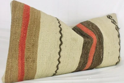 Funda Almohada Lumbar Kilim Turco Decorativa Hecha a Mano 12x24 Beige Marrón Cojín Foto 1 de 4