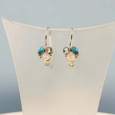 Topaz Turquoise Silver Earrings, Natural Moonstone, Semi Precious Turquoise - Image 1 of 4