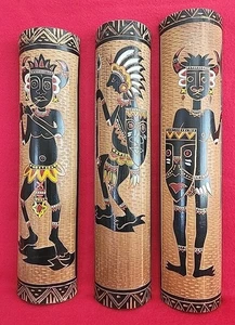 Hand Carved Bambo Wall Hanging African Tribal men Folk Art 17"&16" H Set of 3 - Picture 1 of 5