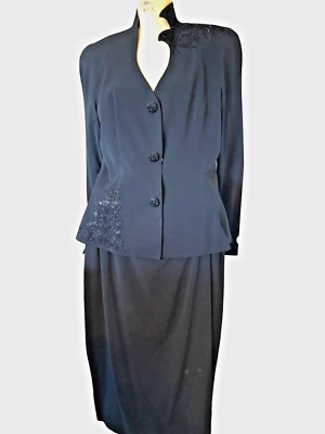 De Colección Traje Falda 2 Piezas Con Cuentas Negras Para Mujer Talla 16 Cuello Festoneado Floral Glamour Foto 1 de 4