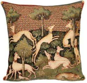 "LEVRIERS" GREYHOUNDS, BELGIAN TAPESTRY CUSHION COVER WITH ZIP, 18" X 18", 01544 - Picture 1 of 6