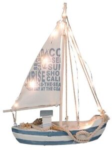 Deko Maritim Holz Segelschiff 28 cm mit Beleuchtung 13 LED Shabby Segelboot Meer