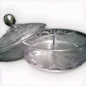 Cambridge Chantilly Vtg Candy Dish 3 sect. Pale Amethyst Silver clad Finial EUC - Picture 1 of 4
