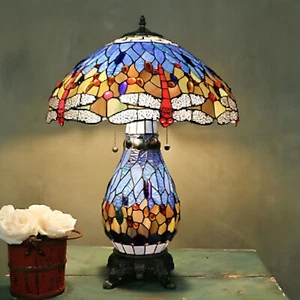 25" Tiffany Style Stained Glass Dual Lit Dragonfly Table lamp with nightlight - Picture 1 of 5