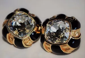 Authentische Swarovski klare Kristall Clip auf Ohrringe 10K vergoldet schwarze Emaille - Bild 1 von 12