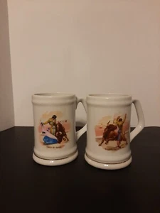SET OF 2 Vintage Matador Bull Fighter Ceramic Mug White w/ Gold Accents - Picture 1 of 1