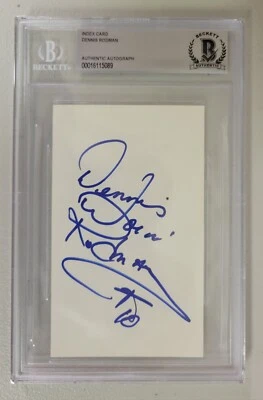 Dennis Worm Rodman Full Signed 3x5 Index Card Beckett Bulls Pistons Basketball  - Image 1 of 3