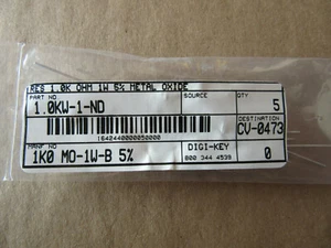 (5) Digi-Key 1.0KW-1-ND Resistors 1,000 Ohm 1 Watts NEW!!! in Bag - Picture 1 of 2