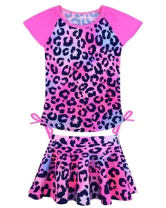 Girls 2 pc Rash guard Swimsuit with Swim Skirt Pink Leopard sz 6/6X - Picture 1 of 6