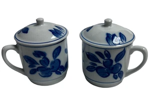 Vintage IDG Blue White Porcelain Lidded Mugs Set of 2 Floral Tea Cups - Picture 1 of 6