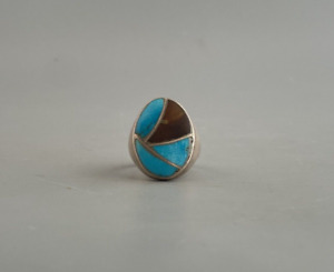 Old Pawn Vintage Navajo Indian Silver Ring - Inlaid Turquoise Shell - Sz  12.5