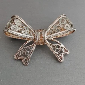 Vintage Tone Filigree BOW Brooch Pin Tested 1.5” x 1” - Picture 1 of 7