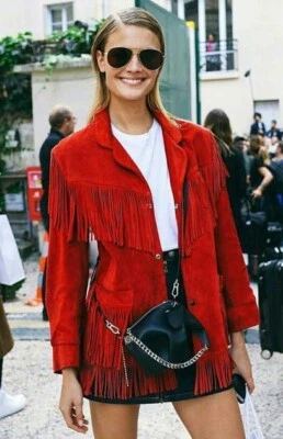 Red Suede Fringe Leather Jacket for Women Biker Size S M L XL XXL Custom Made - Image 1 of 4