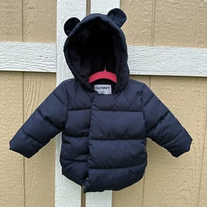 Old Navy Frost Free Bear Critter-Hood Puffer Jacket Navy Blue Size 6-12 Months - Picture 1 of 5