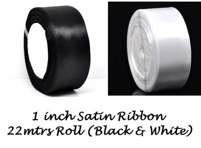 Satin Ribbon 25mm 1 inch BLACK WHITE art Craft card making 22m full roll each - Image 1 of 3