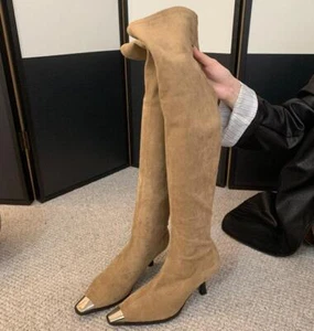 Womens Fashion Sexy Pointy Toe Stretchy Over Knee Boots Kitten Mid Heels Shoes - Picture 1 of 14