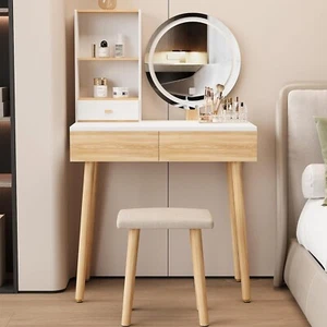 Vanity Desk Stool Set Dresser Dressing Table LED Lighted Mirror Storage Shelves - Picture 1 of 7