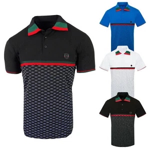 Mens Polo Shirt Striped Collar Tip Designer Sport Print Stretch NEW Casual Golf - Picture 1 of 8