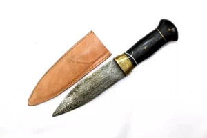 Dagger Knife Damascus Steel Blade Wood Chip Handle Leather Sheath F917 - Picture 1 of 10
