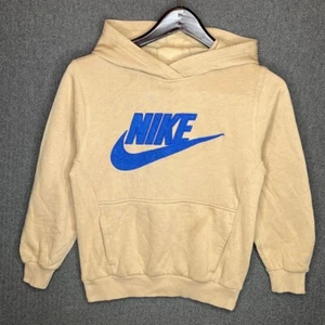 Nike Tan Pullover Hoodie Blue Logo Tan Fleece Kids Size M Youth Sweatshirt - Picture 1 of 8