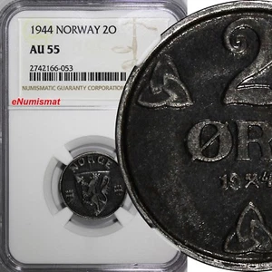 Norway Haakon VII Iron 1944 2 Ore NGC AU55 WWII Issue KM# 394 (053) - Picture 1 of 4