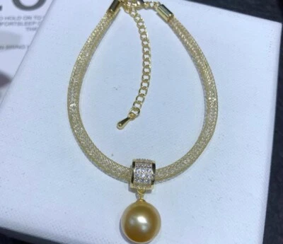 Gorgeous AAAAA 10-11mm Round South Sea Golden pearl Bracelet 7.5-8" 925S - Image 1 of 2