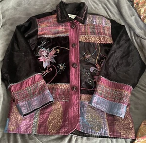 XL Flashback Jacket Vintage Patchwork Embroidered Black Velvet Iridescent India - Picture 1 of 11