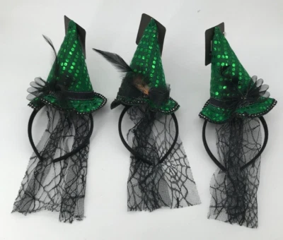 Set of 3 Halloween Headband Witch Hats Green One Size Fits Most Spider Web Veil - Image 1 of 4