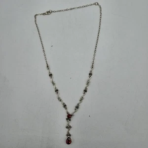 Vintage Victorian .925 Sterling Marcasite & Red Stone 18" w/ 1.5" Drop Necklace - Picture 1 of 7