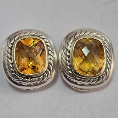 David Yurman Sterling Silver 14k Earrings Yellow Citrine Stone Albion Cushion - Image 1 of 4
