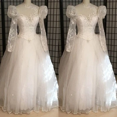 Vintage Wedding Dresses Long Puff Sleeves Lace Applique A Line Bridal Gowns - Image 1 of 4