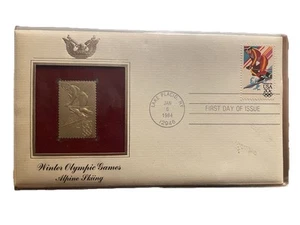 1984 22kt Gold Mint Replica Stamp 1st Day Issue WINTER OLYMPICS Alpine Skiing - Picture 1 of 2