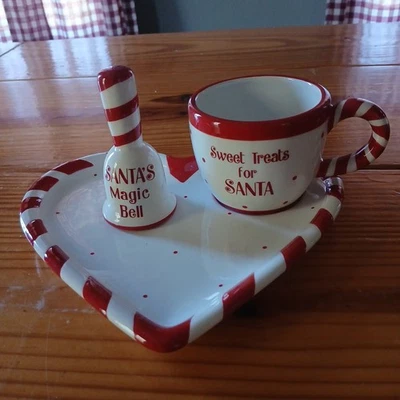 Sweet Treats for Santa 3 Pc Set Plate, Cup & Bell Rae Dunn Red & White - Image 1 of 4