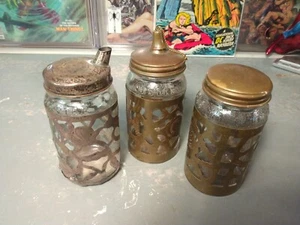 Lot of 3 Vintage Mexican Nestle Jars w/ Brass & Sterling Silver Condiment Jars - Picture 1 of 7