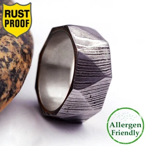 Customized Faceted Damascus Steel Silver Sleeve Ring Men Engagement Forged Band - Picture 1 of 8