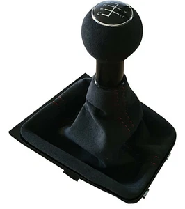 FOR VW GOLF 7 5 SPEED ALCANTARA GEAR KNOB SHIFT BOOT PIANO PAINT SEAM RED DS8 - Picture 1 of 3
