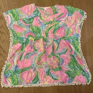 LILLY PULITZER Girls Sz XL 12 14 Floral Short Sleeve Kaftan Tunic Beach - Picture 1 of 4