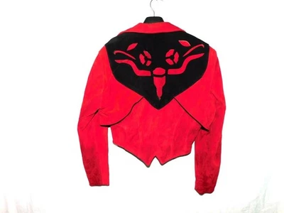 Abrigo corto de gamuza occidental vintage años 80 Chia M rojo negro recortado Texas Longhorn EE. UU. Foto 1 de 4