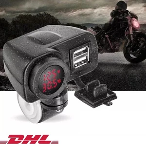 Rot LED 12V Motorrad USB Ladegerät 2.1+2.1A mit Digital Voltmeter + Thermometer - Bild 1 von 10