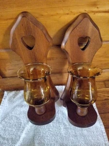 2-Vintage Wooden Sconce Candle Holder Heart Handle glass peg votive sconce Amber - Picture 1 of 10