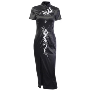Lady Qipao Dress Cheongsam Embroidery Dragon Black Gothic Punk Satin Sexy Retro - Picture 1 of 13