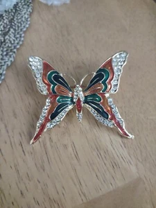 Butterfly Brooch Rinestones and Enamel Faux Orange Green Clear 2" - Picture 1 of 6