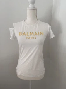 BALMAIN Paris Gold Puffy Printed Logo Short Sleeve Tee Shirt Summer Designer Top - Picture 1 of 8