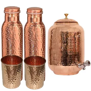 NUEVO Dispensador de Agua de Cobre (Matka) Contenedor Martillado Olla con Botella y Vidrio Juego - Imagen 1 de 4